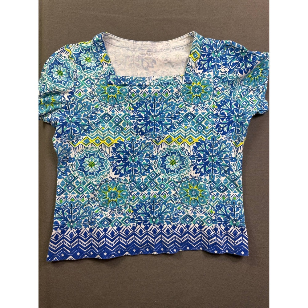 Kim Rogers Women's Blue Green Geometric Medallion Square Neck Cotton Top Large